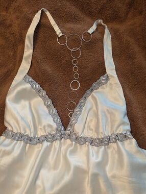 Victoria's Secret Off White Satin Chemise with Silver Lace Trim